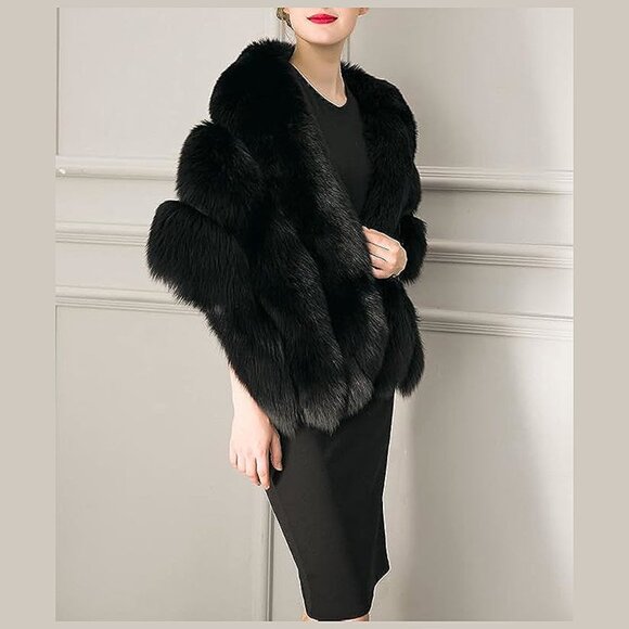 Women's Luxury Party Faux Fox Fur Long Shawl , A-dark Green - Picture 5 of 6